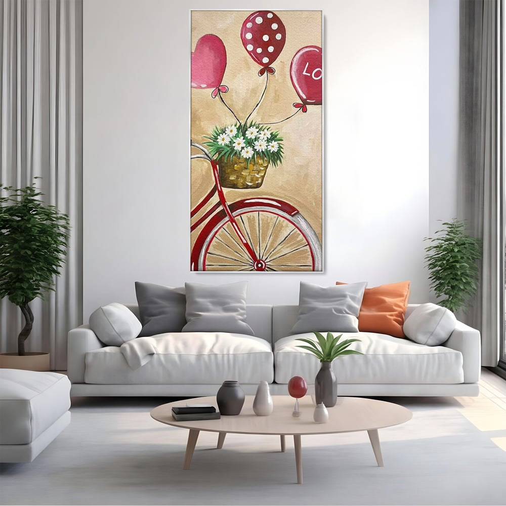 Tablou canvas cu pictura cu bicicleta vintage si baloane, in rama de aluminiu argintiu, pe perete intr-un living
